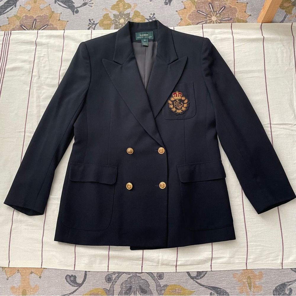 Vintage Lauren Ralph Lauren 100% Wool Women's Navy Blue Crest Crown Blazer Sz 12